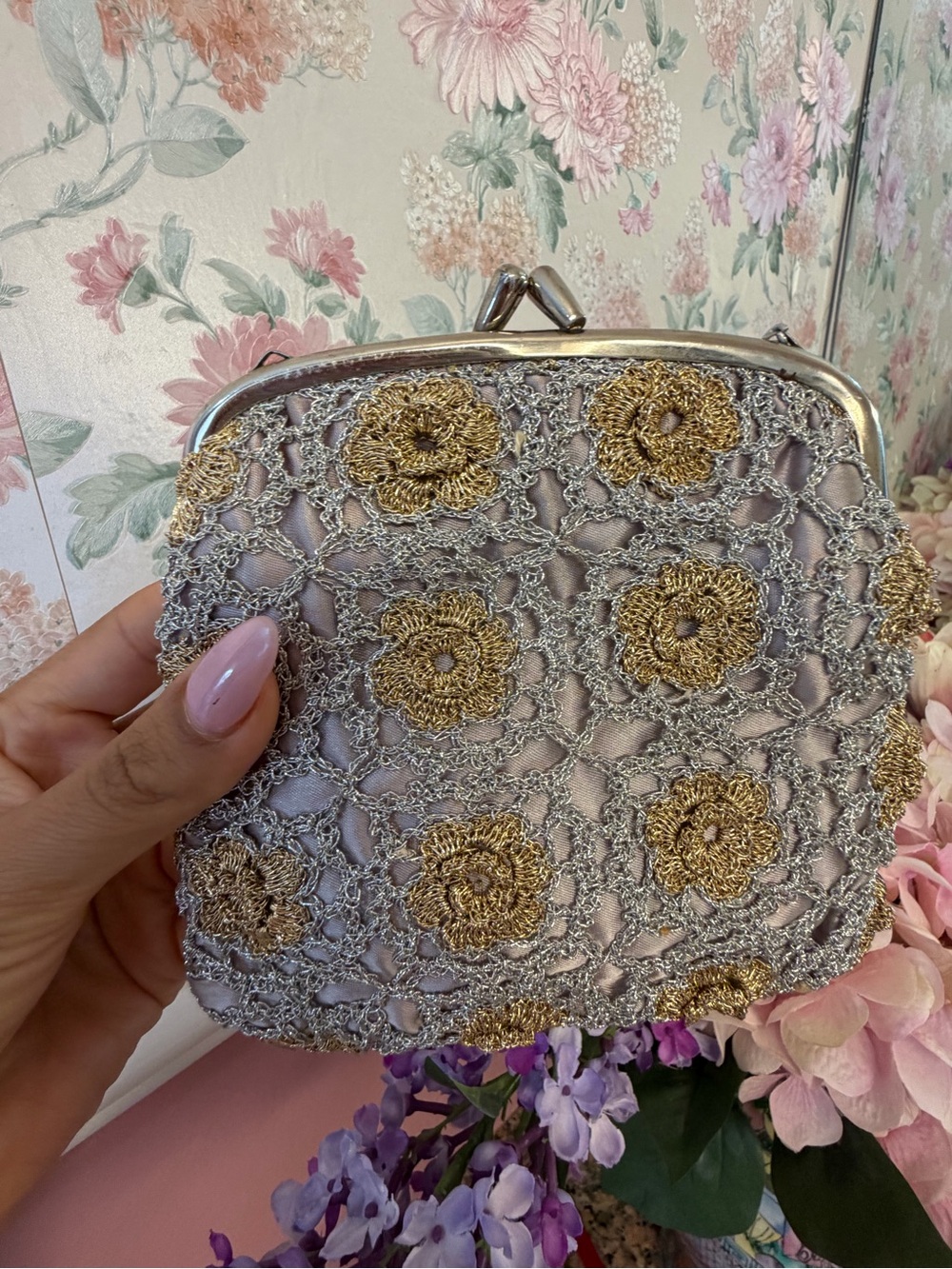 American Vintage Gold and Silver Crochet Floral Clasp Wristlet